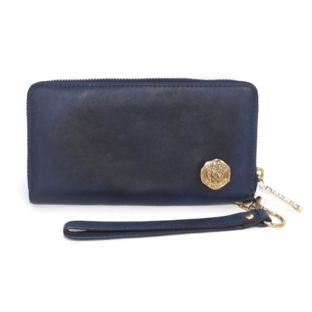 VINCE CAMUTO dark blue leather women's zip around wallet wristlet 7.5 x 4 x .75"
